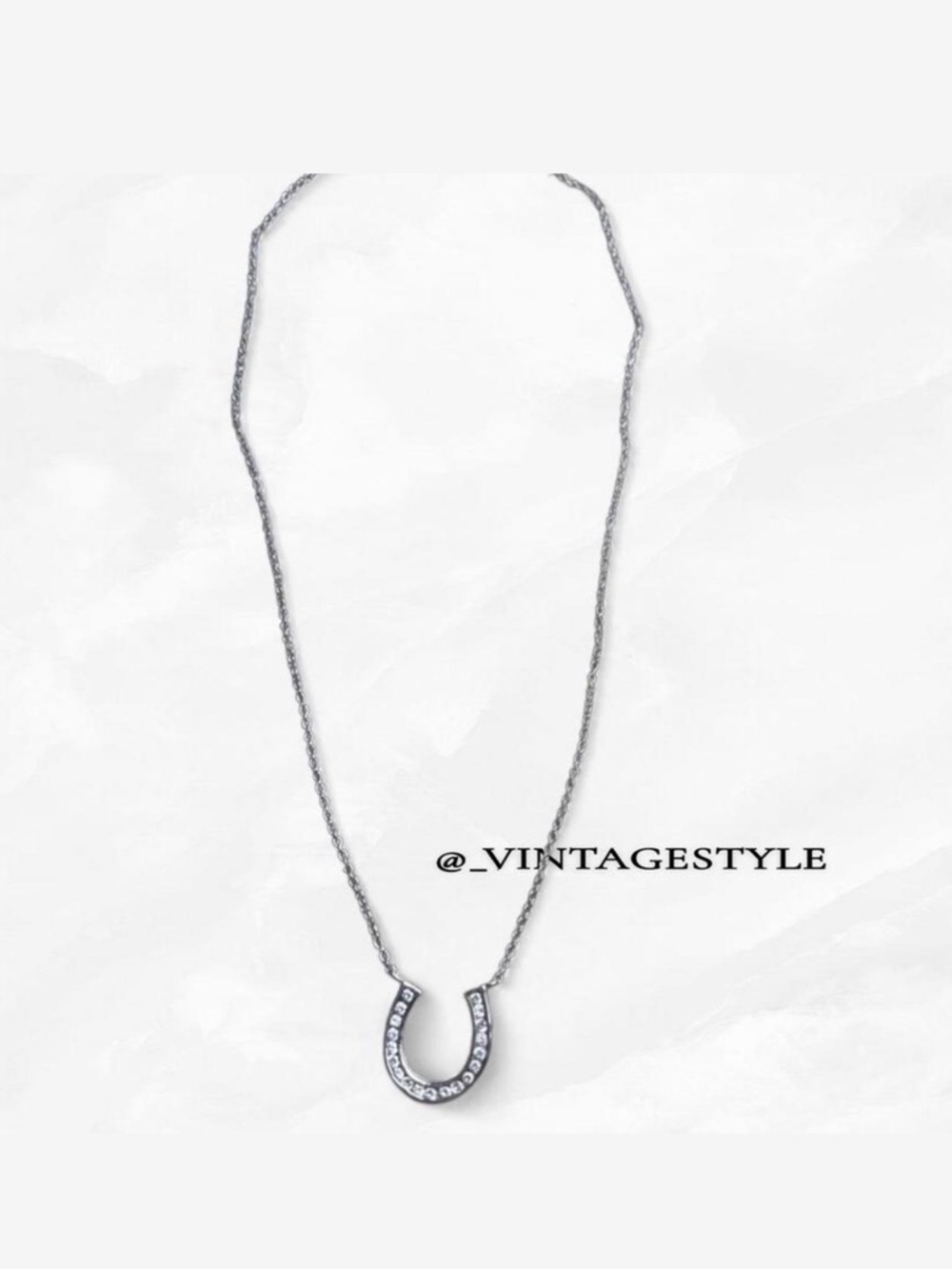 Vintage Silver Horseshoe Charm Necklace with Clear Stones